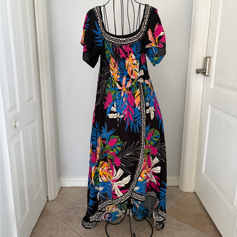 Jealous Tomato Black High-Low Maxi Dress with Bright Tropical Print